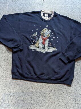 Vintage 1990s Jerzees Double Collar Winter Puppy Sweatshirt Navy XL